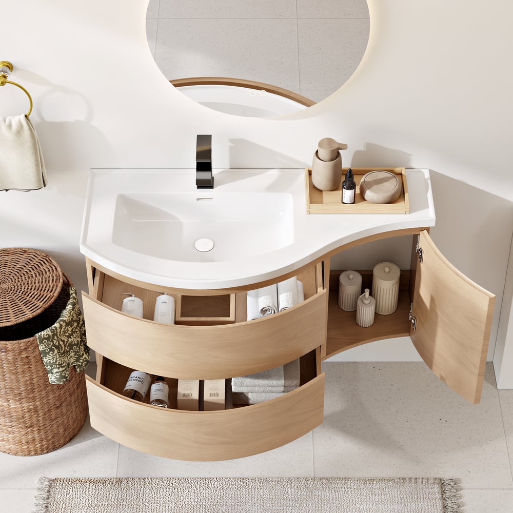 900mm Floating Curved Bathroom Vanity Natural Left Offset Single Sink Bathroom Cabinet window image