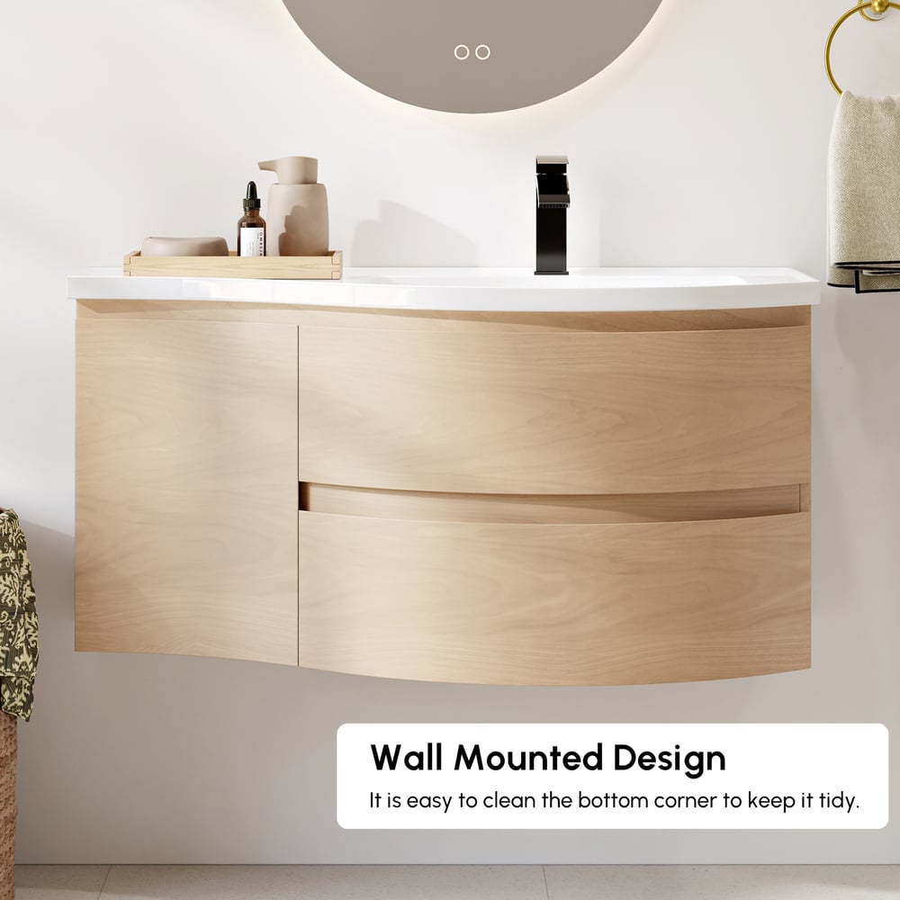 35.4" Floating Curved Bathroom Vanity Natural Right Offset Single Sink Bathroom Cabinet window image
