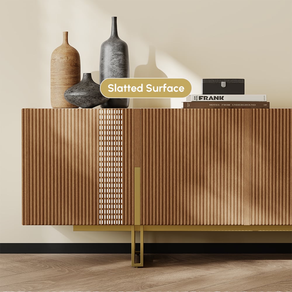 Supporto TV Grovyn con piano scanalato in pietra sinterizzata, 1500 mm, con portaoggetti Immagine della finestra