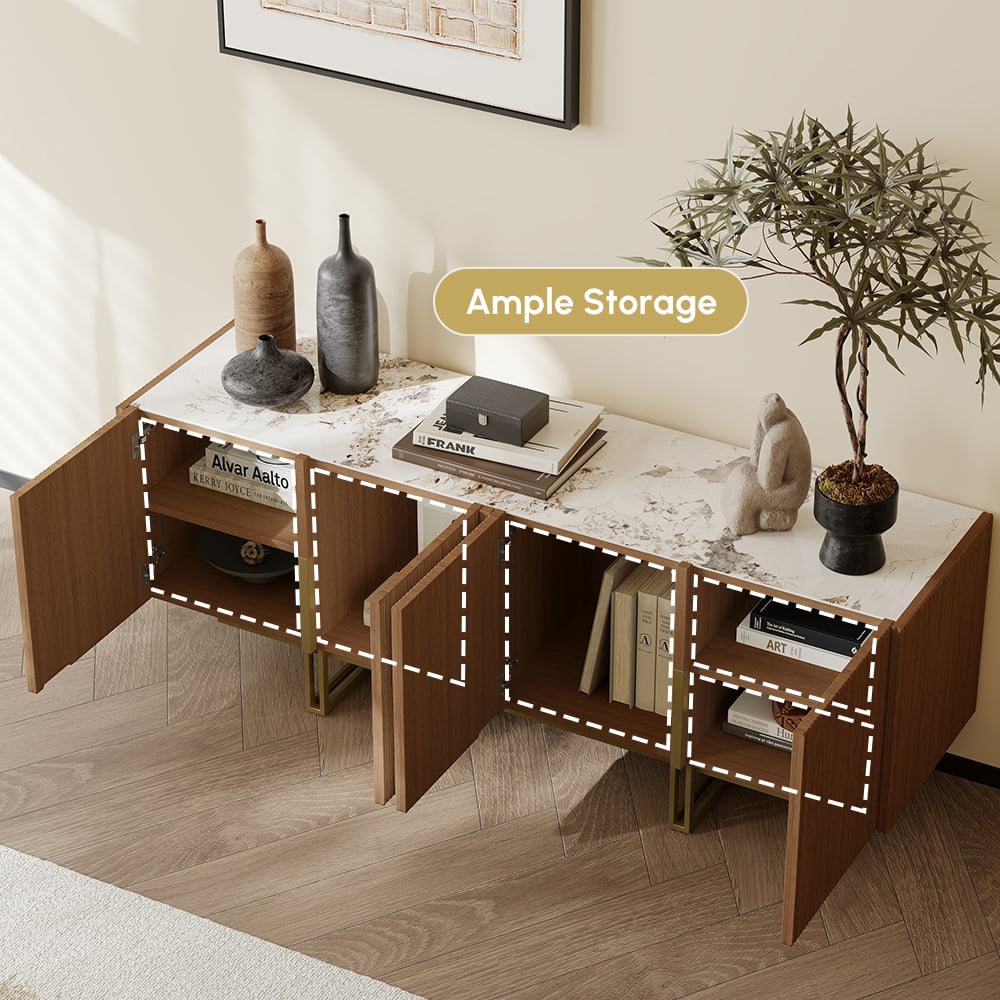 Supporto TV Grovyn con piano scanalato in pietra sinterizzata, 1500 mm, con portaoggetti Immagine della finestra