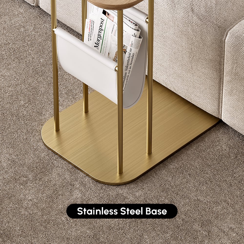 Table d'appoint rotative naturelle et dorée en forme de C avec rangement image de fenêtre