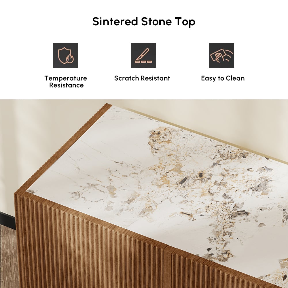 Supporto TV Grovyn con piano scanalato in pietra sinterizzata, 1500 mm, con portaoggetti Immagine della finestra