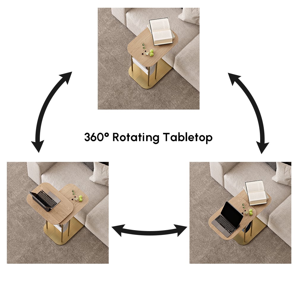 Table d'appoint rotative naturelle et dorée en forme de C avec rangement image de fenêtre