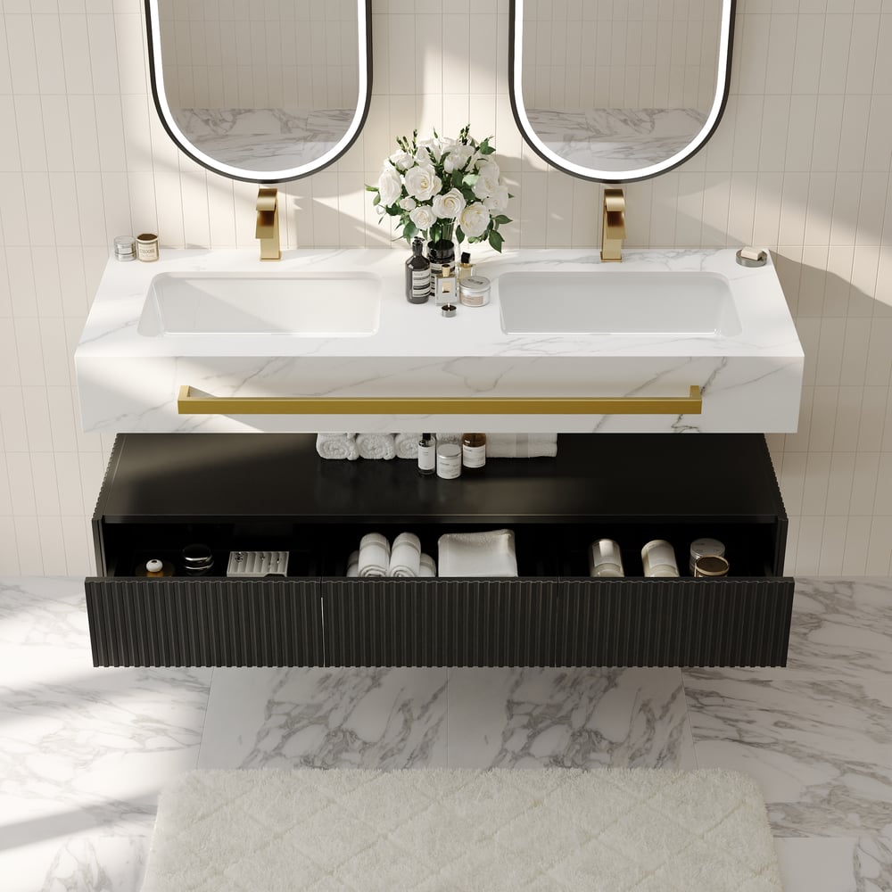 1400mm Double Sink Bathroom Vanity with Sintered Stone Countertop & Gold Towel Bar window image