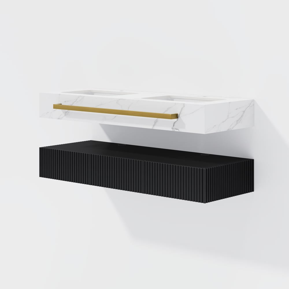 1400mm Double Sink Bathroom Vanity with Sintered Stone Countertop & Gold Towel Bar window image