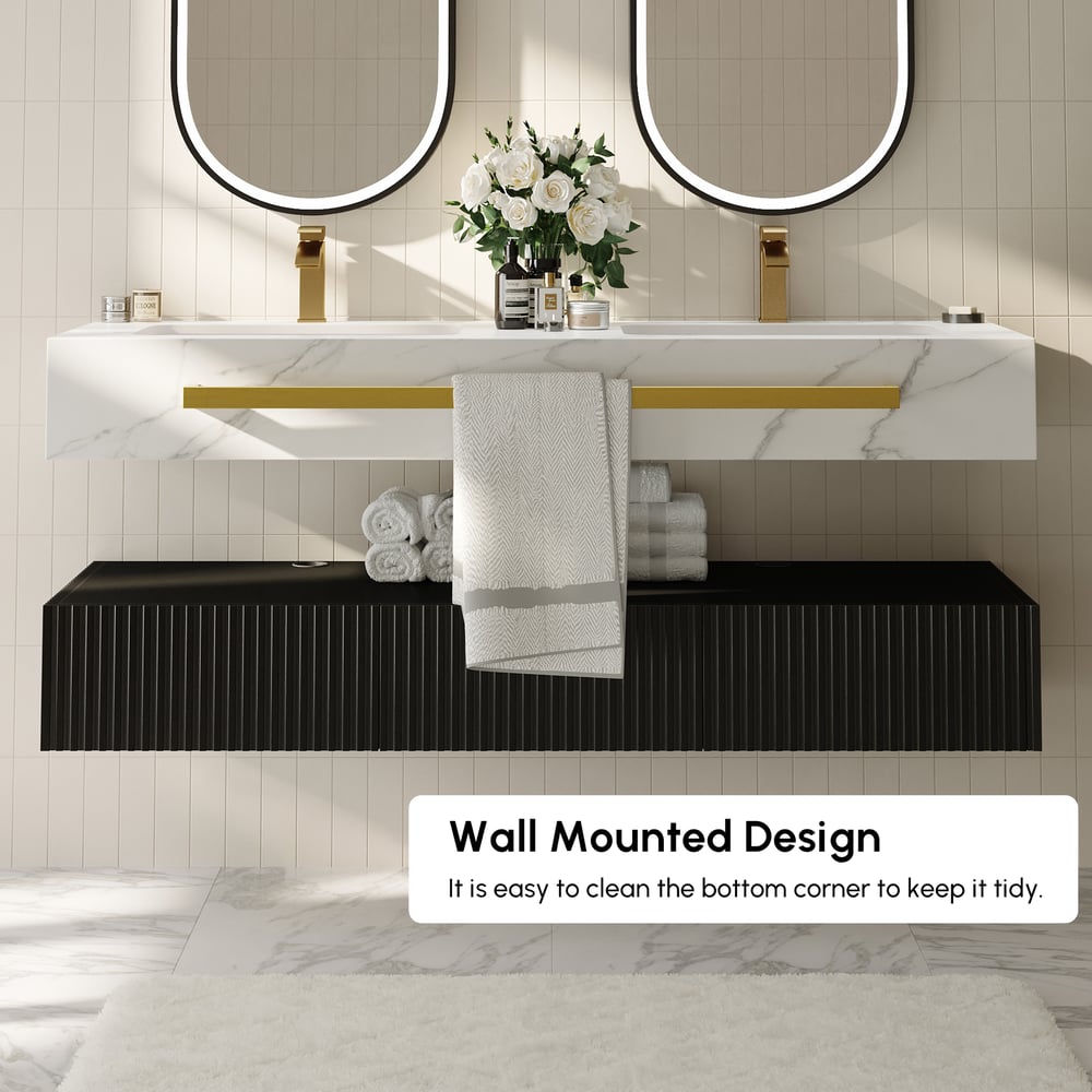 1400mm Double Sink Bathroom Vanity with Sintered Stone Countertop & Gold Towel Bar window image