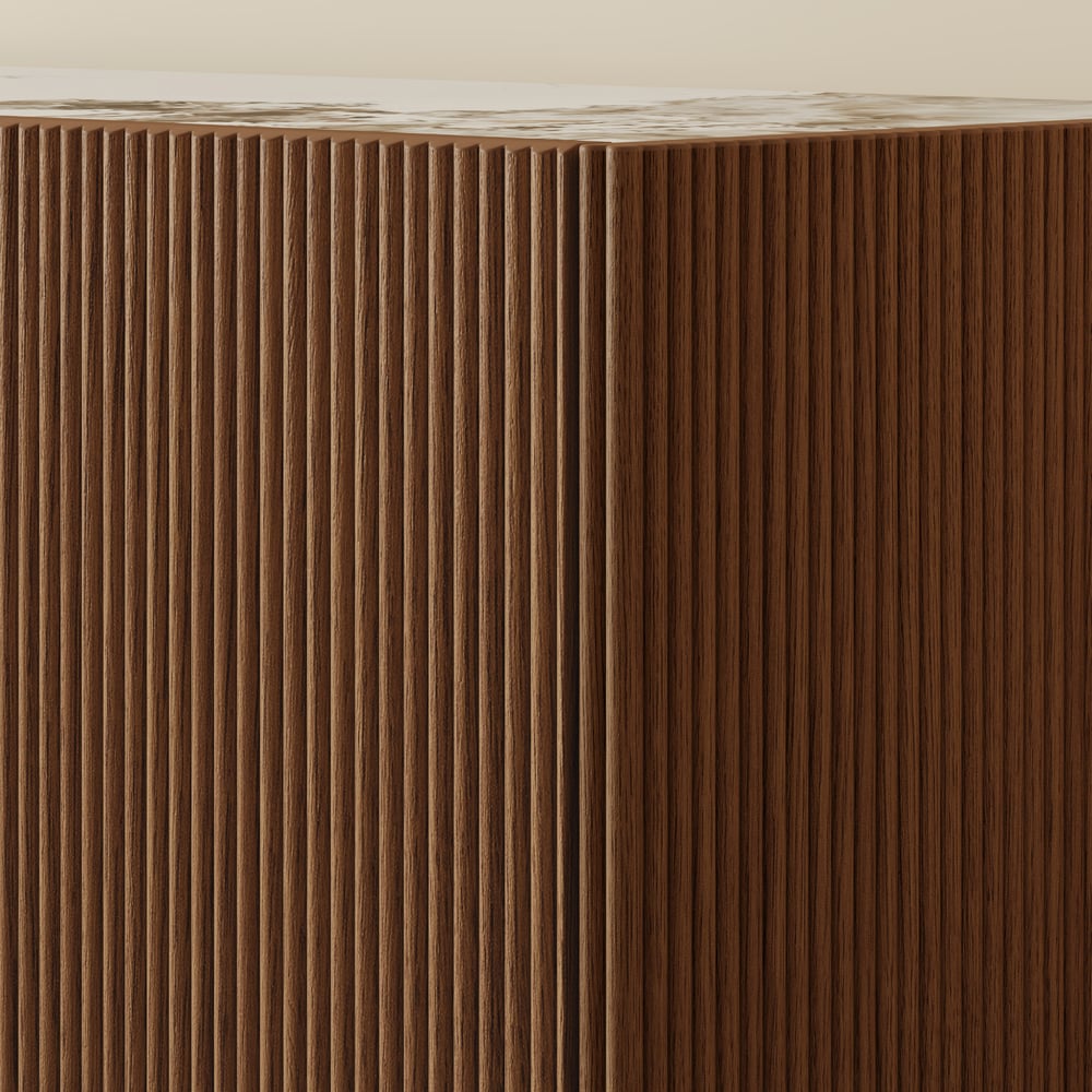 Supporto TV Grovyn con piano scanalato in pietra sinterizzata, 1500 mm, con portaoggetti Immagine della finestra