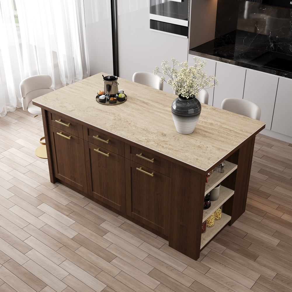 70.9" Modern Style Sintered Stone Kitchen Islands with Multi-Storage Walnut window image