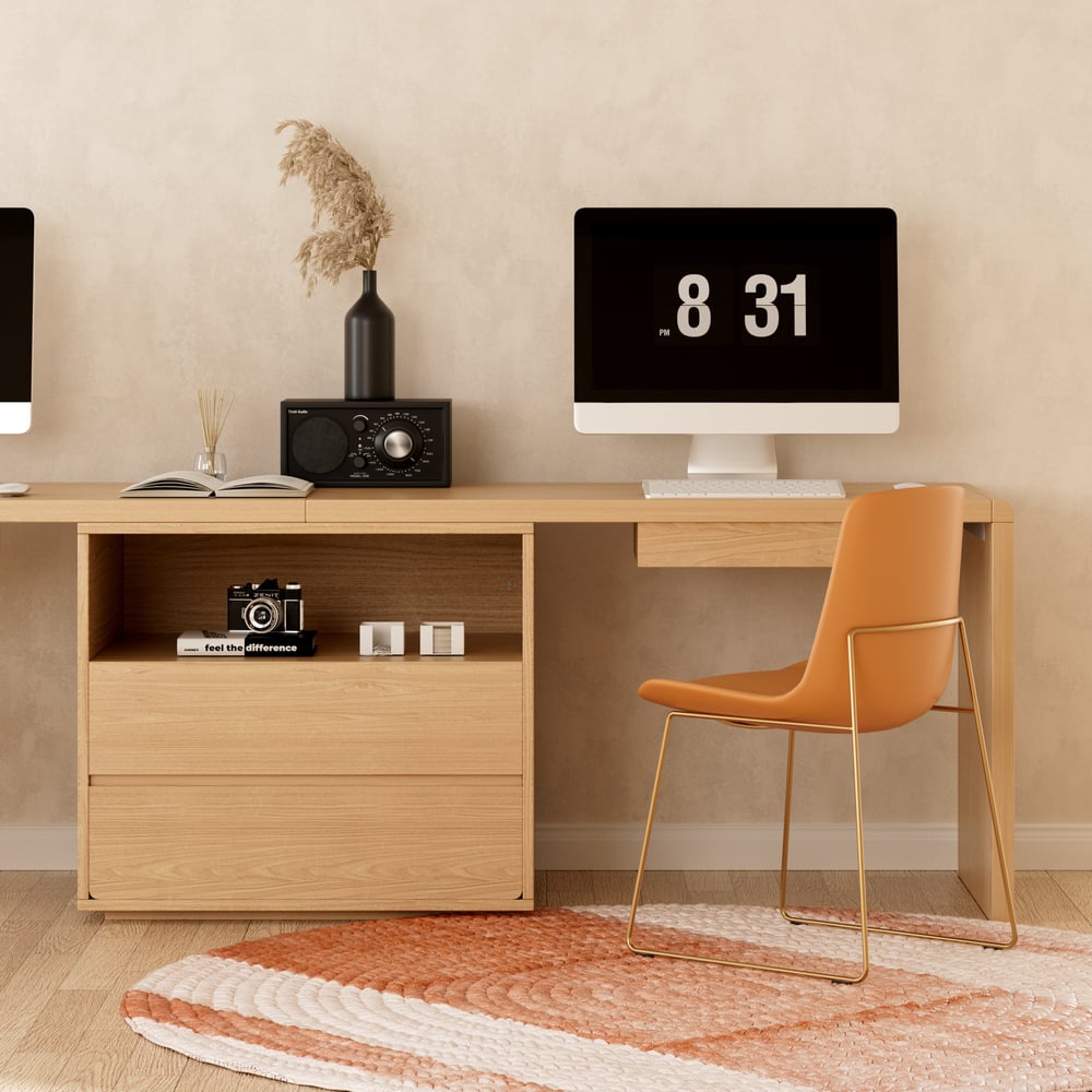 Mesa dupla para 2 pessoas Mesa de escritório retangular natural com 4 gavetas e 1 armário (2400 mm) Imagem da janela