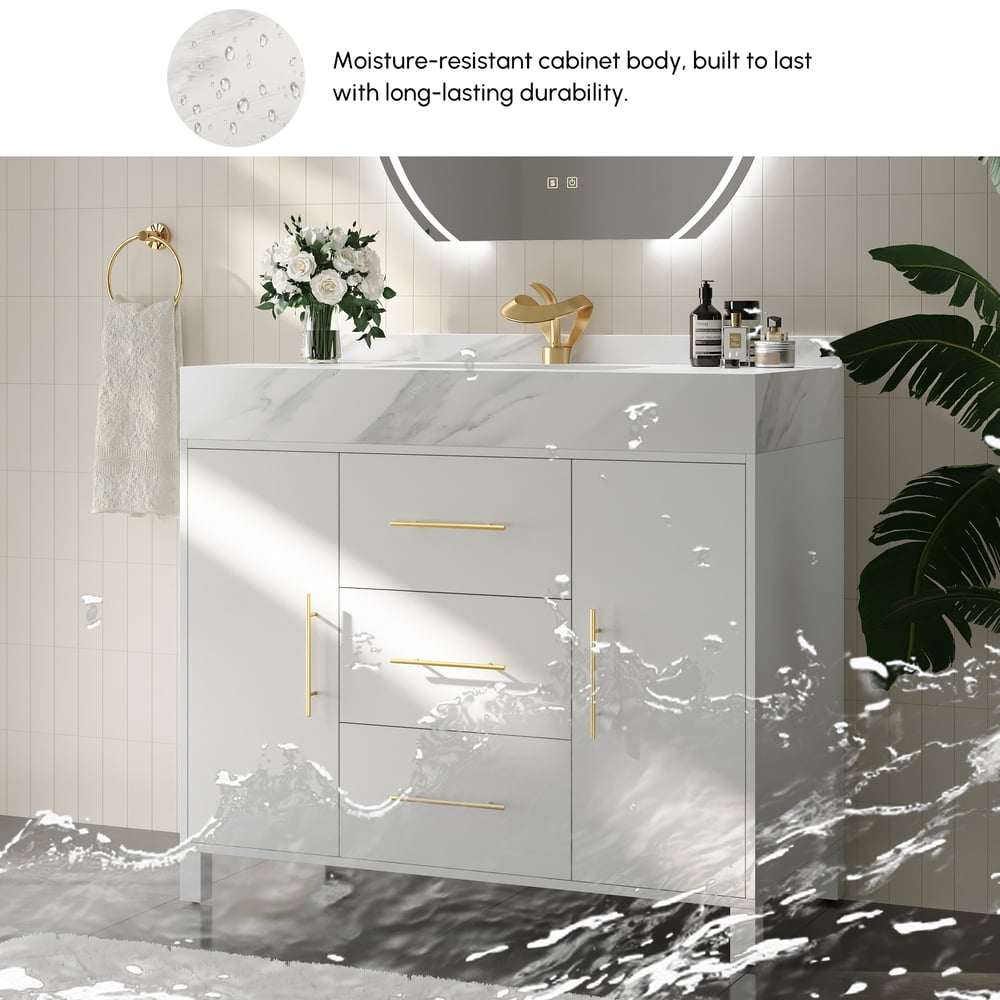 1000mm Freestanding White Bathroom Vanity, Sintered Stone Countertop & Gold Handles window image