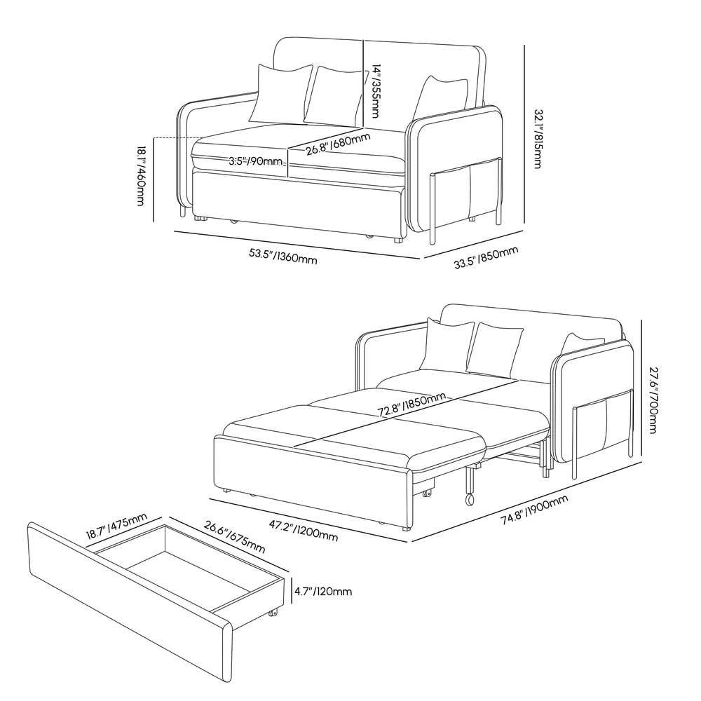 54" Full 2-Seater Velvet Convertible Sleeper Sofa weights dimensions image
