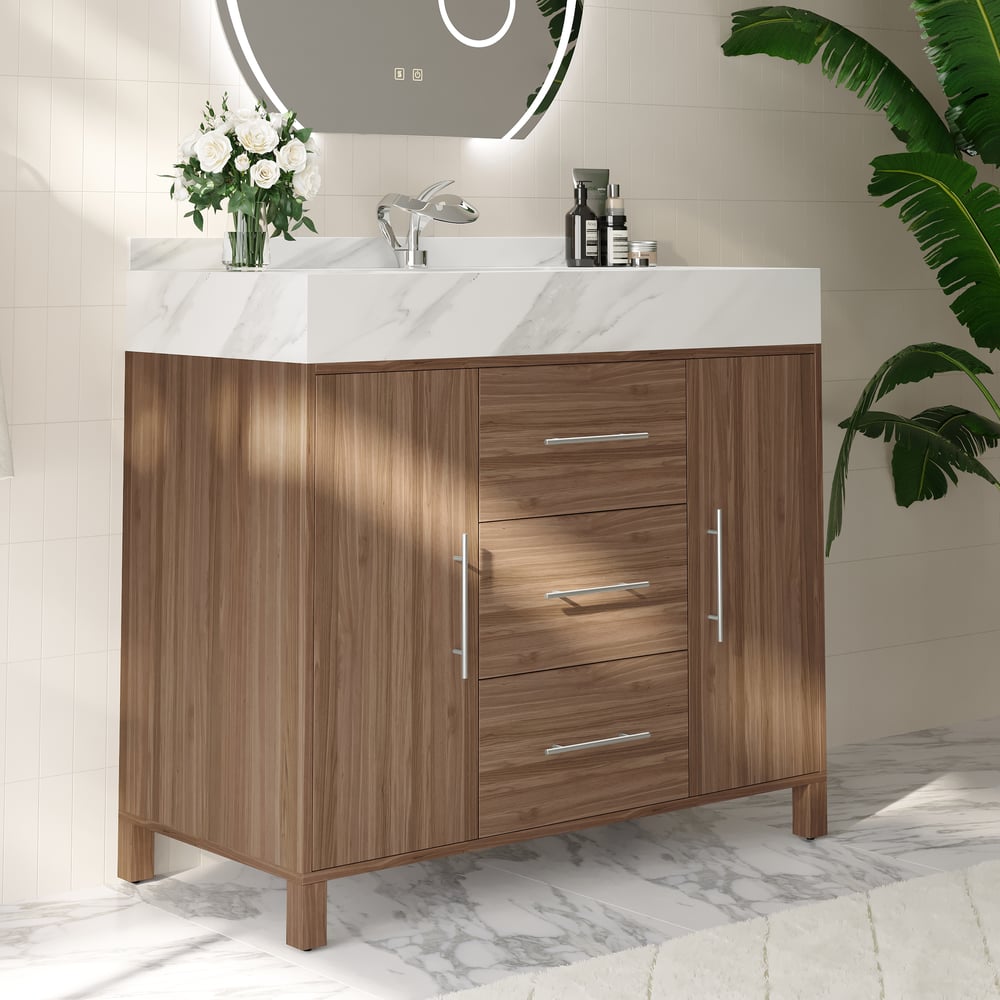 1000mm Walnut Freestanding Bathroom Vanity Sintered Stone Top & Silver Handles window image