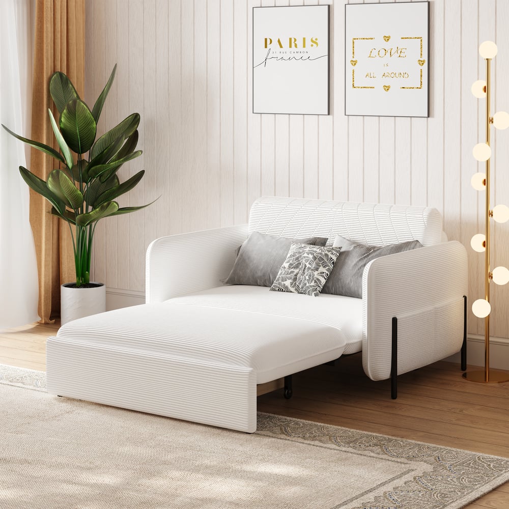 54" Full 2-Seater White Corduroy Convertible Sleeper Sofa window image