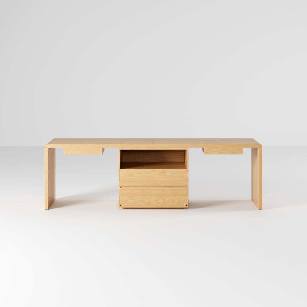 Mesa dupla para 2 pessoas Mesa de escritório retangular natural com 4 gavetas e 1 armário (2400 mm) Imagem da janela