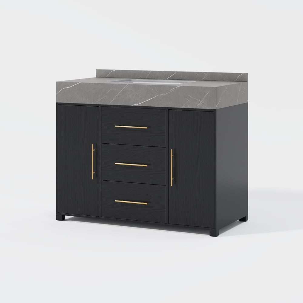 1000mm Freestanding Black Bathroom Vanity, Sintered Stone Countertop & Gold Handles window image