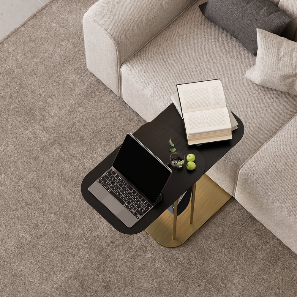 C-Shaped Black & Gold Rotating Side Table with Storage window image