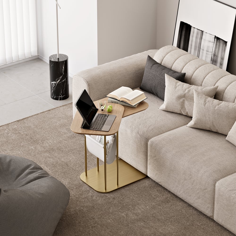 Table d'appoint rotative naturelle et dorée en forme de C avec rangement image de fenêtre