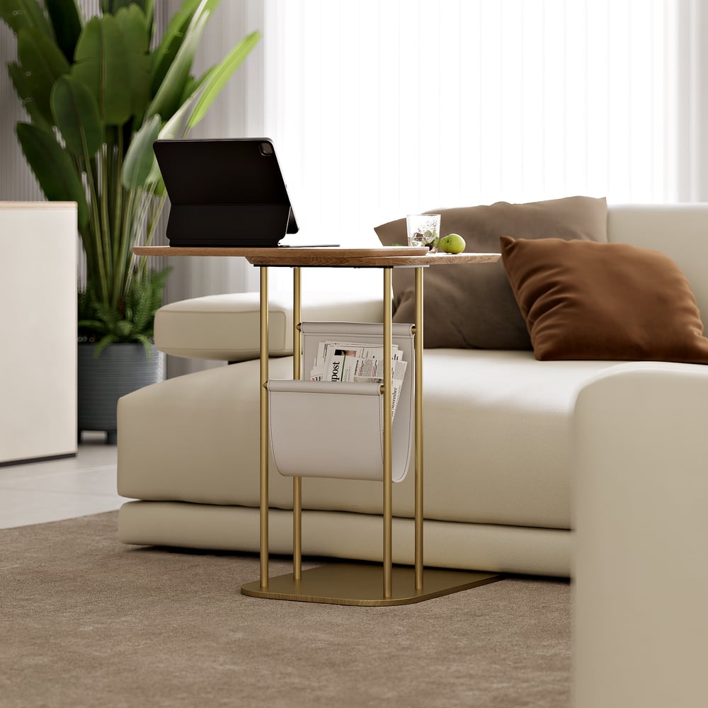 Table d'appoint rotative naturelle et dorée en forme de C avec rangement image de fenêtre