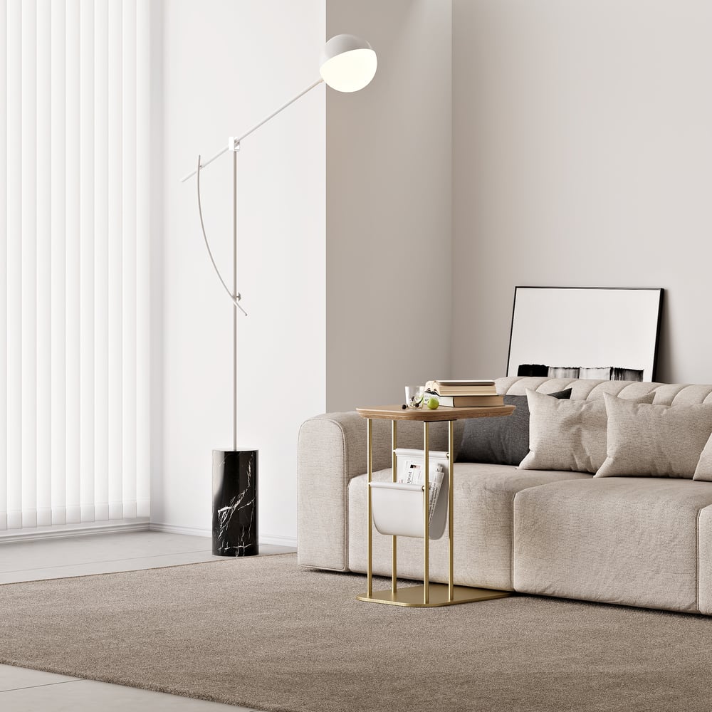 Table d'appoint rotative naturelle et dorée en forme de C avec rangement image de fenêtre