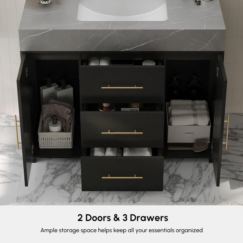 1000mm Freestanding Black Bathroom Vanity, Sintered Stone Countertop & Gold Handles window image