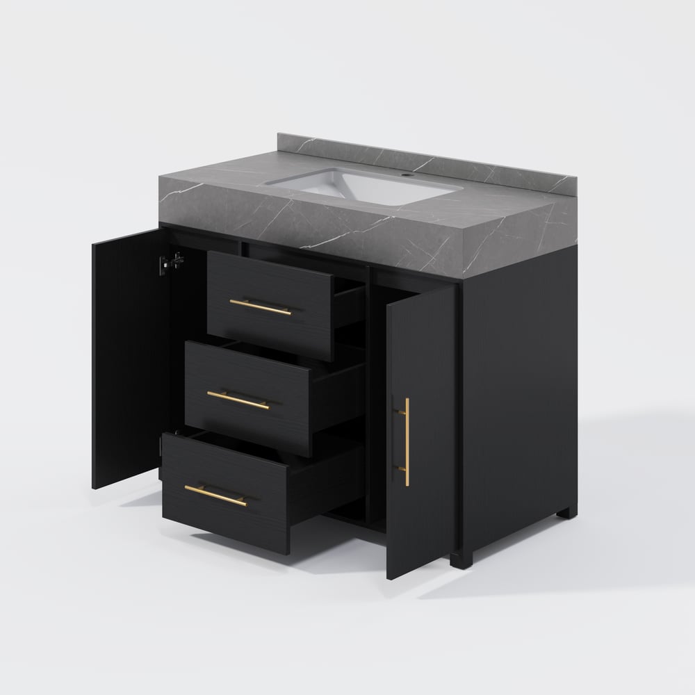 1000mm Freestanding Black Bathroom Vanity, Sintered Stone Countertop & Gold Handles window image