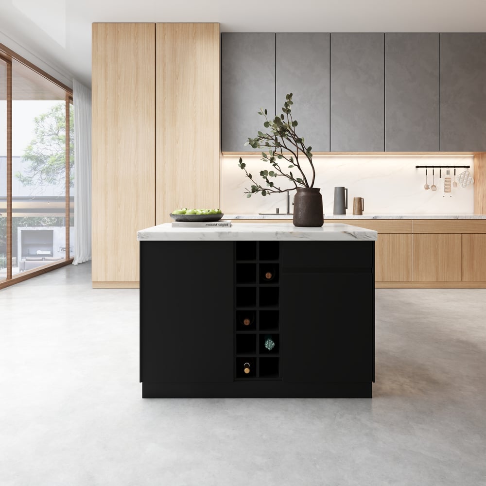 Armoire de cuisine de rangement en bois noir et blanc Japandi Kitchen Island 1270 mm avec lumière image de fenêtre