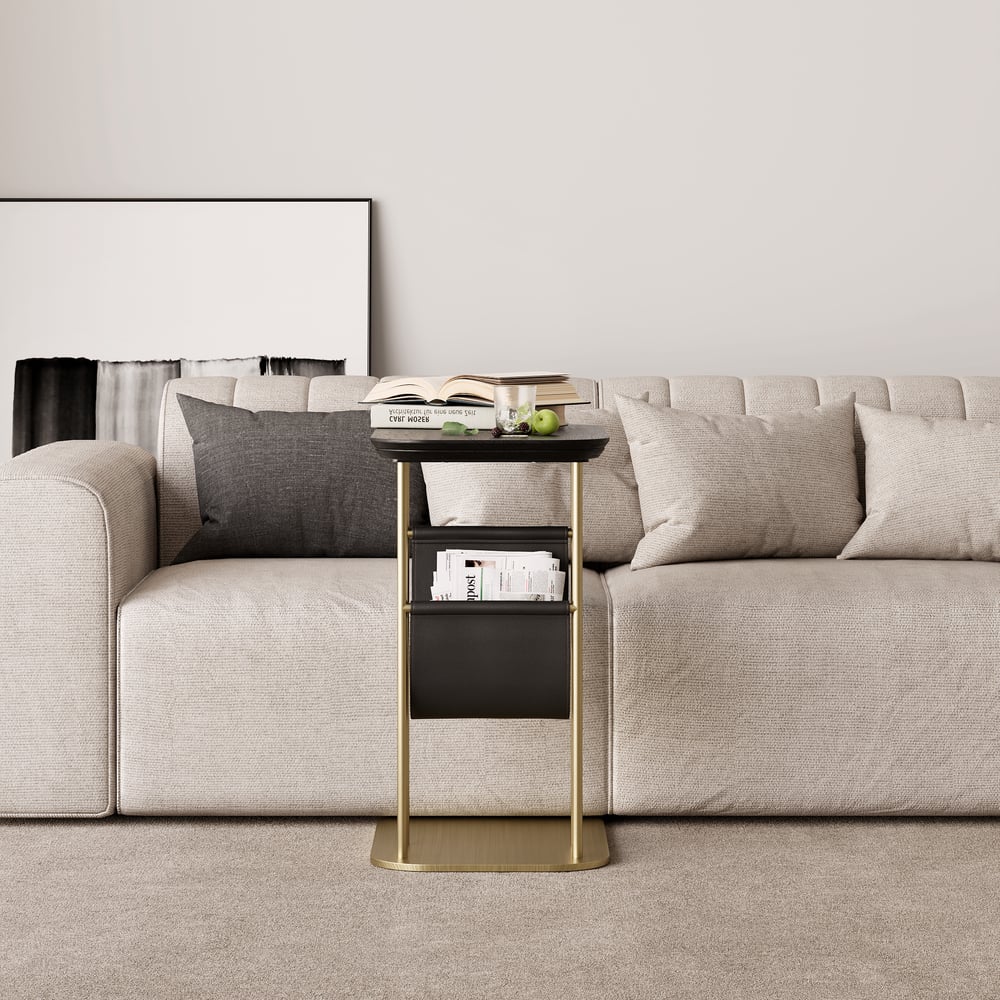 C-Shaped Black & Gold Rotating Side Table with Storage window image
