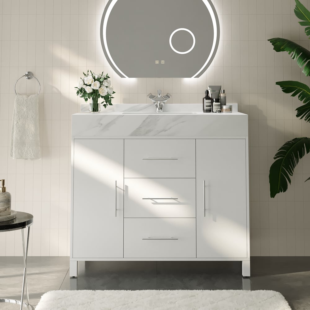 1000mm Freestanding White Bathroom Vanity, Sintered Stone Countertop & Silver Handles window image