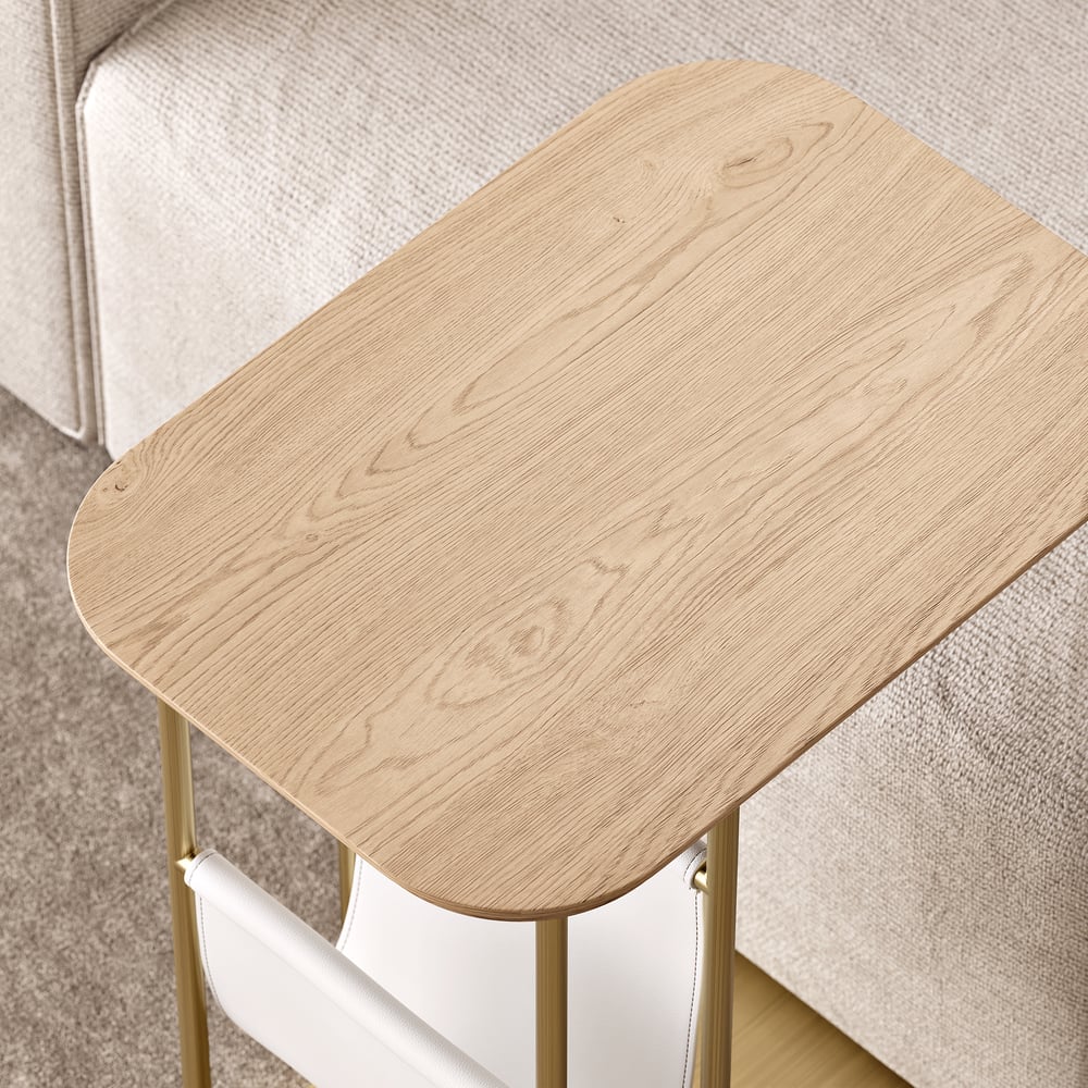 Table d'appoint rotative naturelle et dorée en forme de C avec rangement image de fenêtre