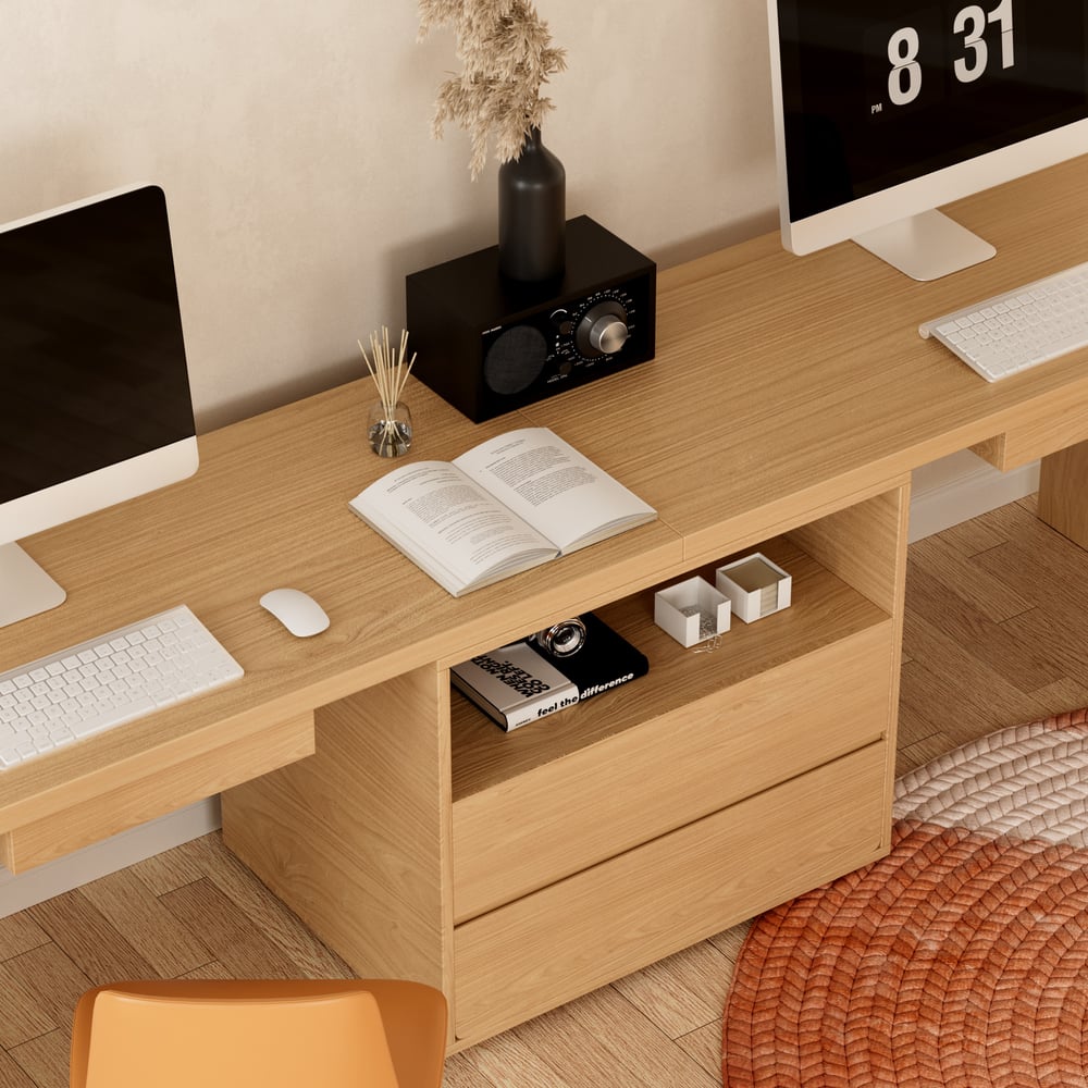 Mesa dupla para 2 pessoas Mesa de escritório retangular natural com 4 gavetas e 1 armário (2400 mm) Imagem da janela