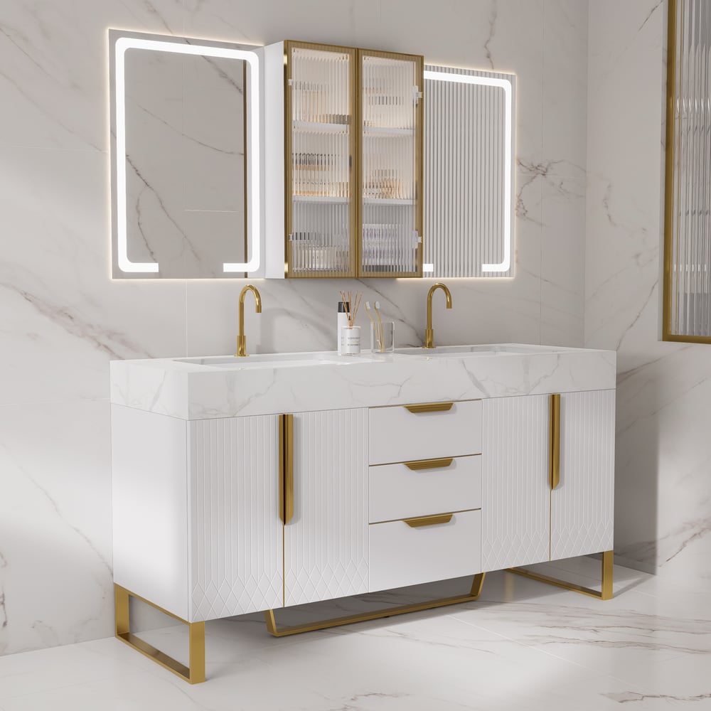 Ensemble de vanité autoportant à double évier de 1500 mm avec armoire à pharmacie LED avec rangement image de fenêtre