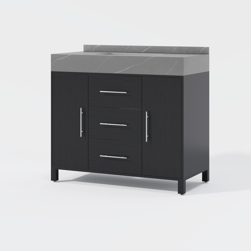 1000mm Freestanding Black Bathroom Vanity, Sintered Stone Countertop & Silver Handles window image