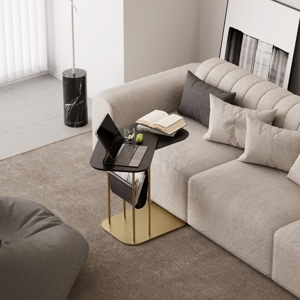 C-Shaped Black & Gold Rotating Side Table with Storage window image