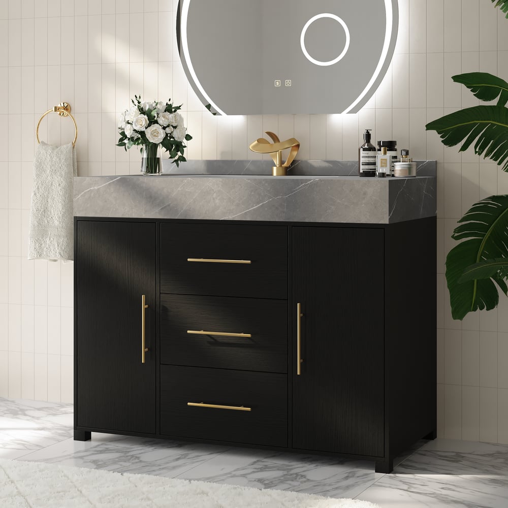 1000mm Freestanding Black Bathroom Vanity, Sintered Stone Countertop & Gold Handles window image