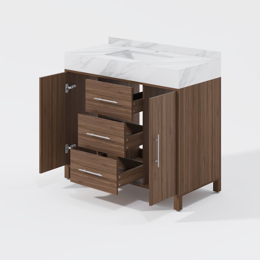 1000mm Walnut Freestanding Bathroom Vanity Sintered Stone Top & Silver Handles window image