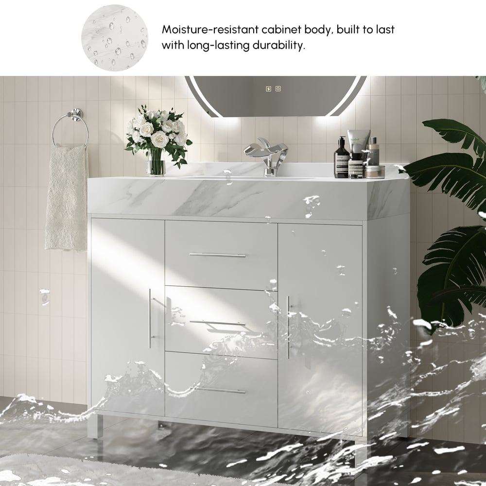 1000mm Freestanding White Bathroom Vanity, Sintered Stone Countertop & Silver Handles window image