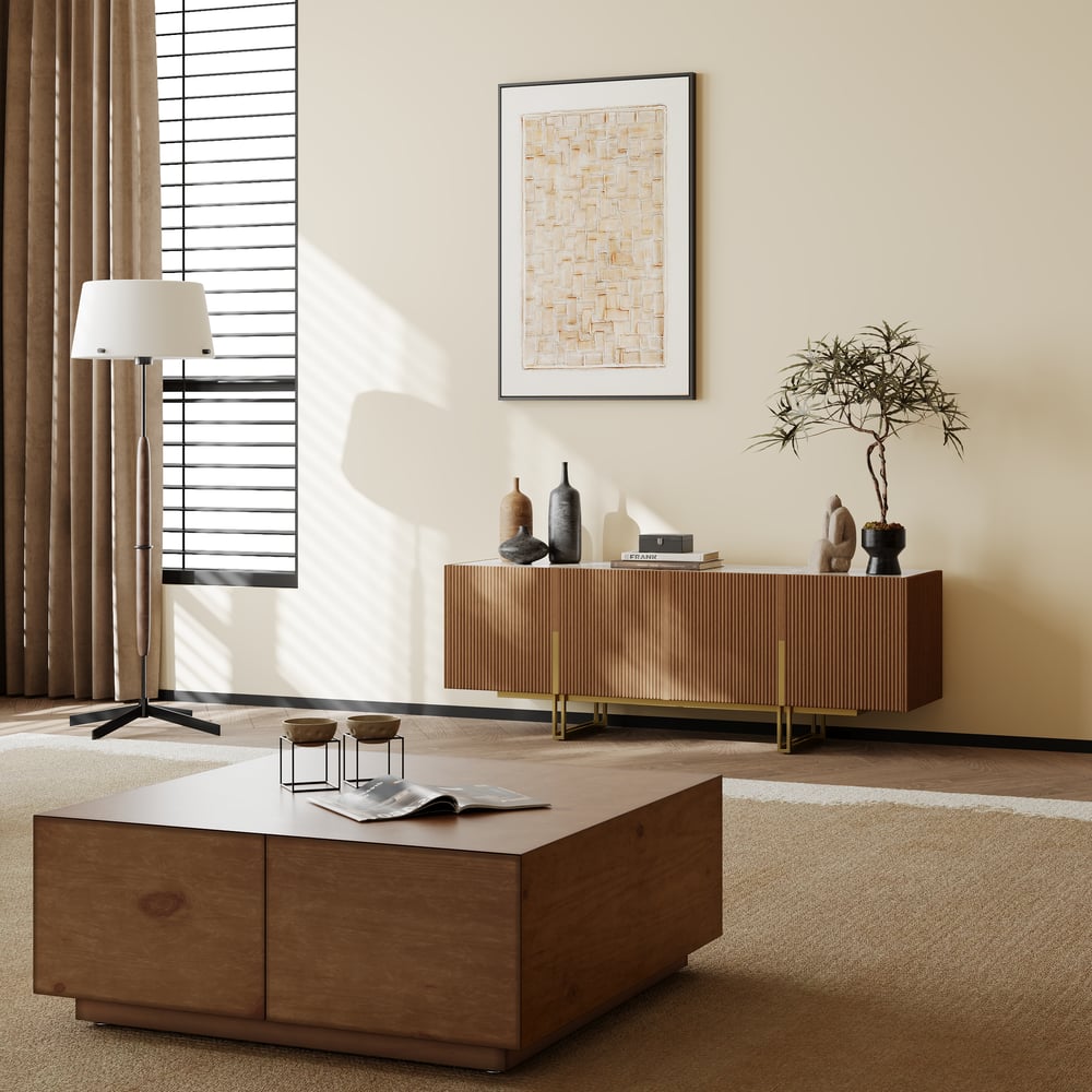 Supporto TV Grovyn con piano scanalato in pietra sinterizzata, 1500 mm, con portaoggetti Immagine della finestra