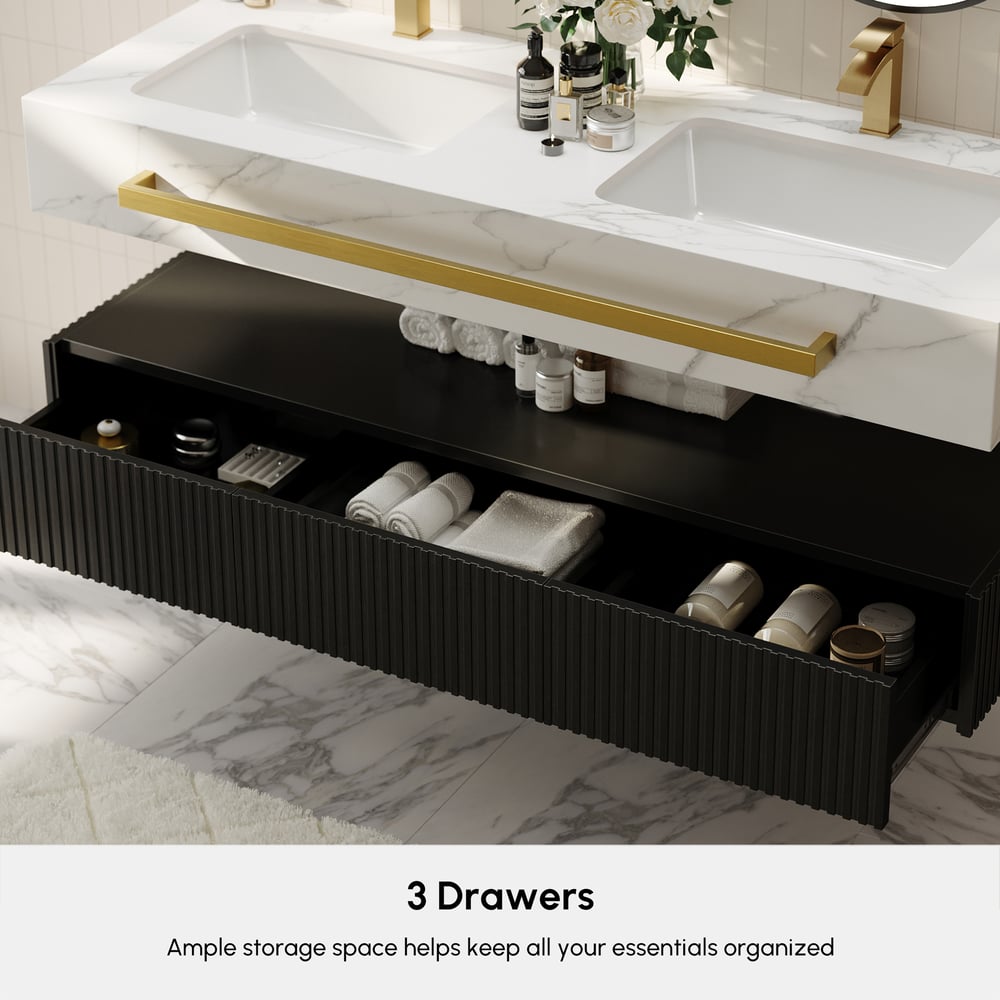 1400mm Double Sink Bathroom Vanity with Sintered Stone Countertop & Gold Towel Bar window image