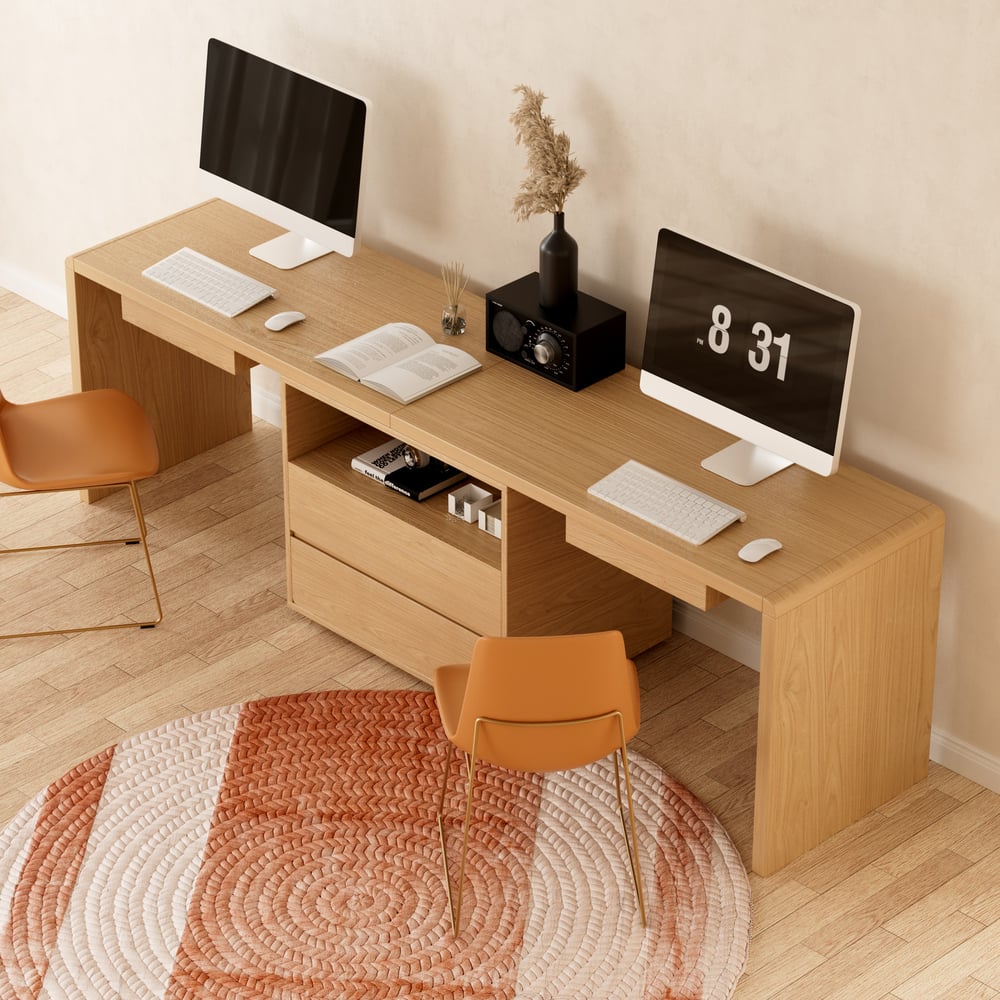 Mesa dupla para 2 pessoas Mesa de escritório retangular natural com 4 gavetas e 1 armário (2400 mm) Imagem da janela