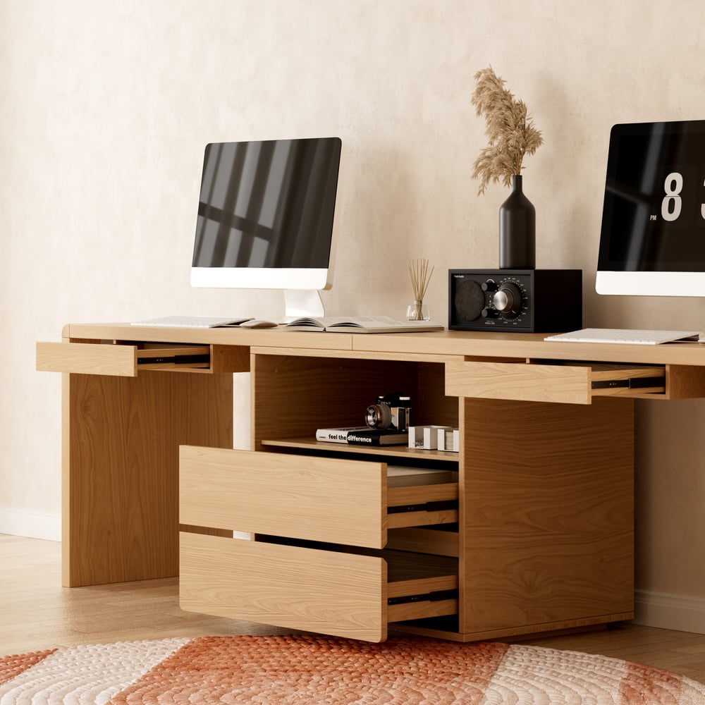 Mesa dupla para 2 pessoas Mesa de escritório retangular natural com 4 gavetas e 1 armário (2400 mm) Imagem da janela