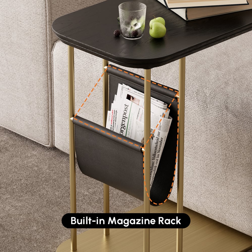 C-Shaped Black & Gold Rotating Side Table with Storage window image