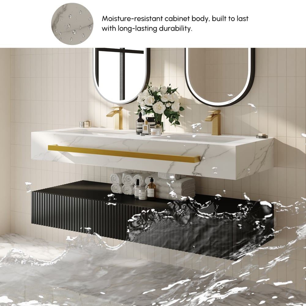 1400mm Double Sink Bathroom Vanity with Sintered Stone Countertop & Gold Towel Bar window image