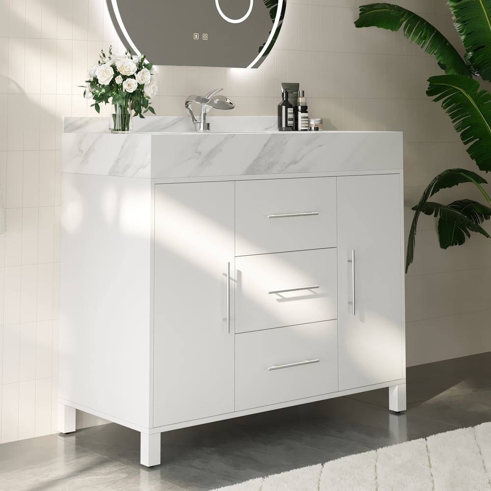 1000mm Freestanding White Bathroom Vanity, Sintered Stone Countertop & Silver Handles window image
