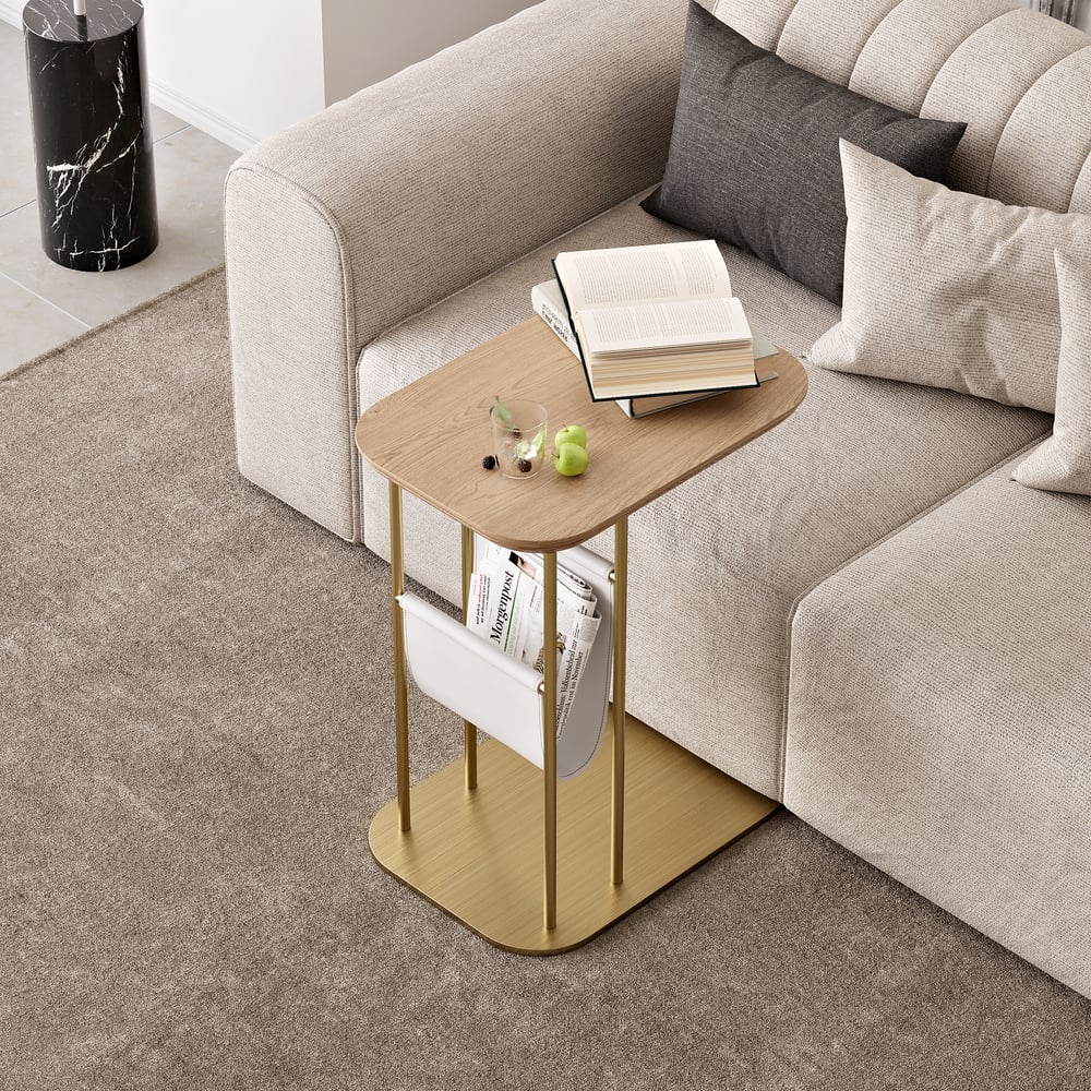 Table d'appoint rotative naturelle et dorée en forme de C avec rangement image de fenêtre