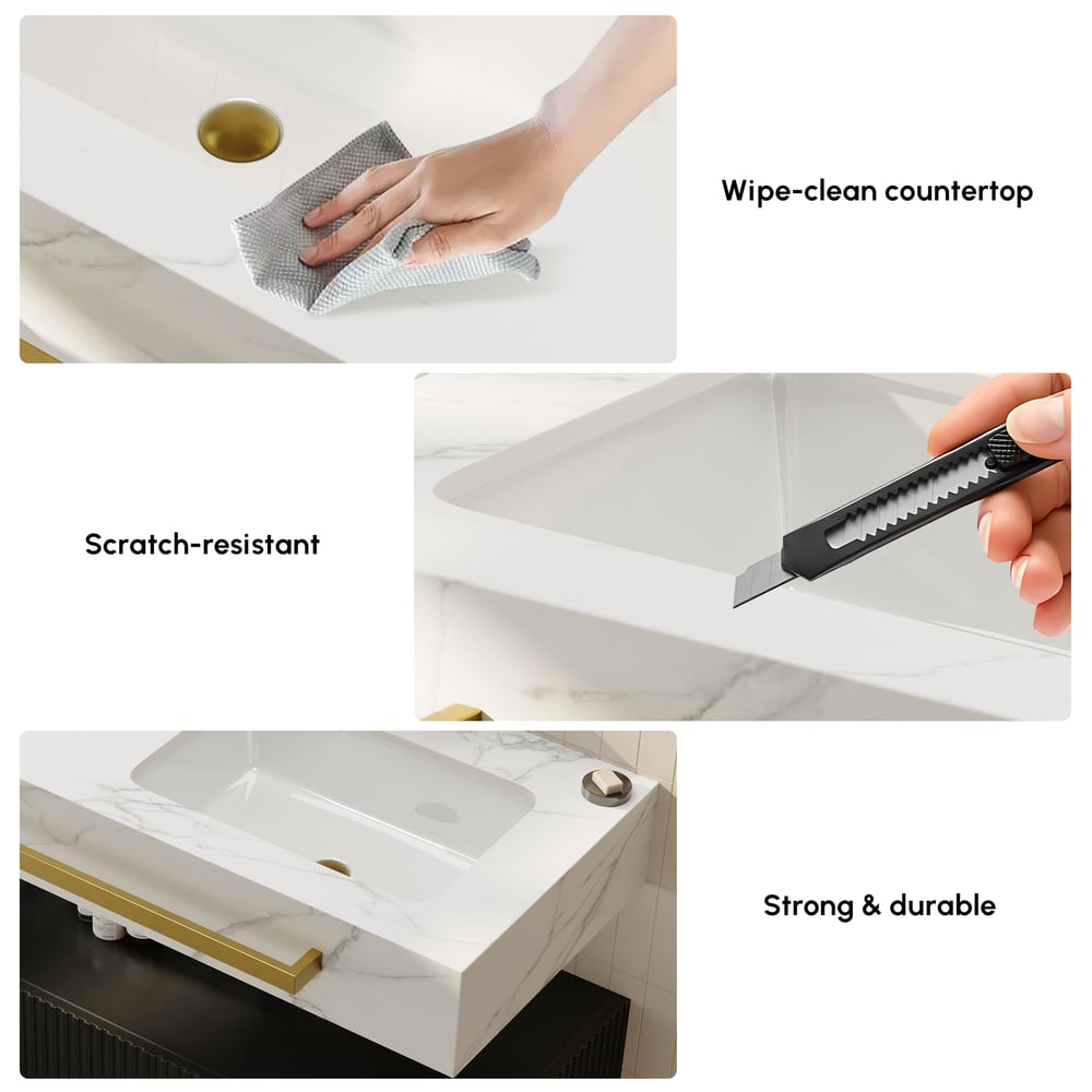 1400mm Double Sink Bathroom Vanity with Sintered Stone Countertop & Gold Towel Bar window image