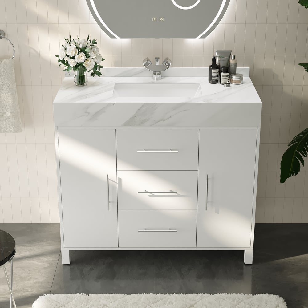 1000mm Freestanding White Bathroom Vanity, Sintered Stone Countertop & Silver Handles window image