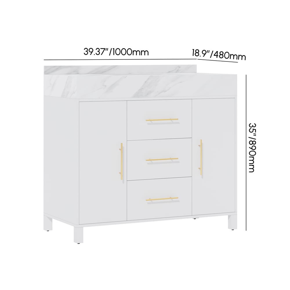 1000mm Freestanding White Bathroom Vanity, Sintered Stone Countertop & Gold Handles weights dimensions image