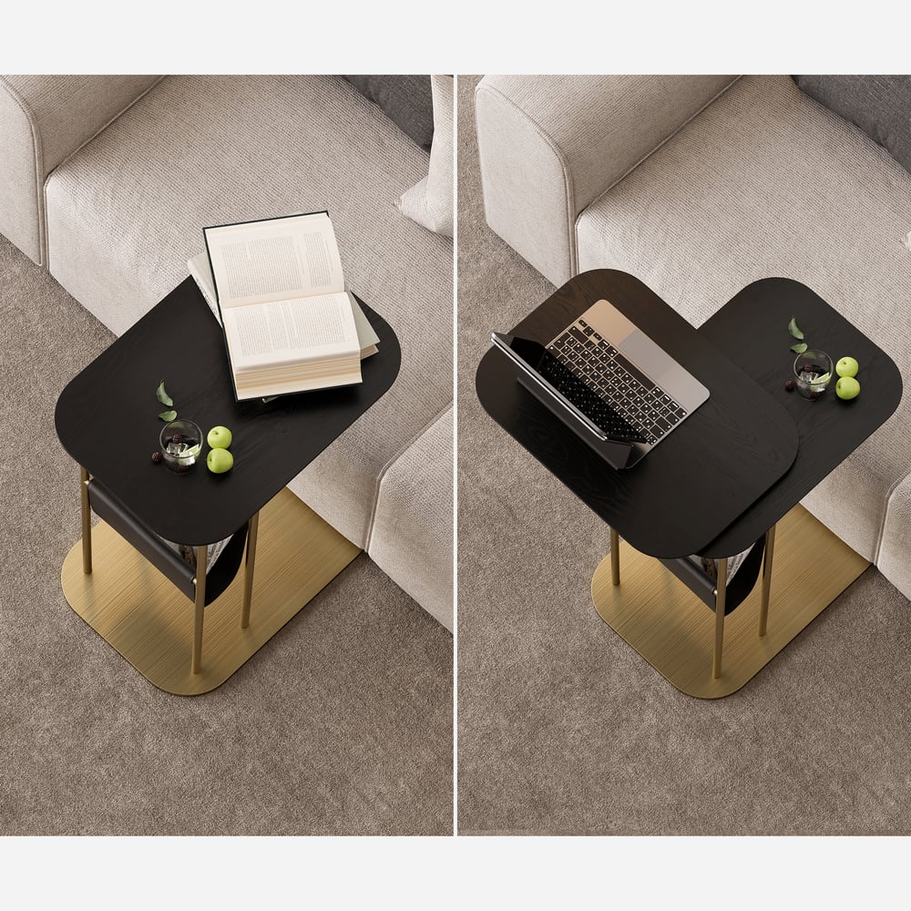 C-Shaped Black & Gold Rotating Side Table with Storage window image