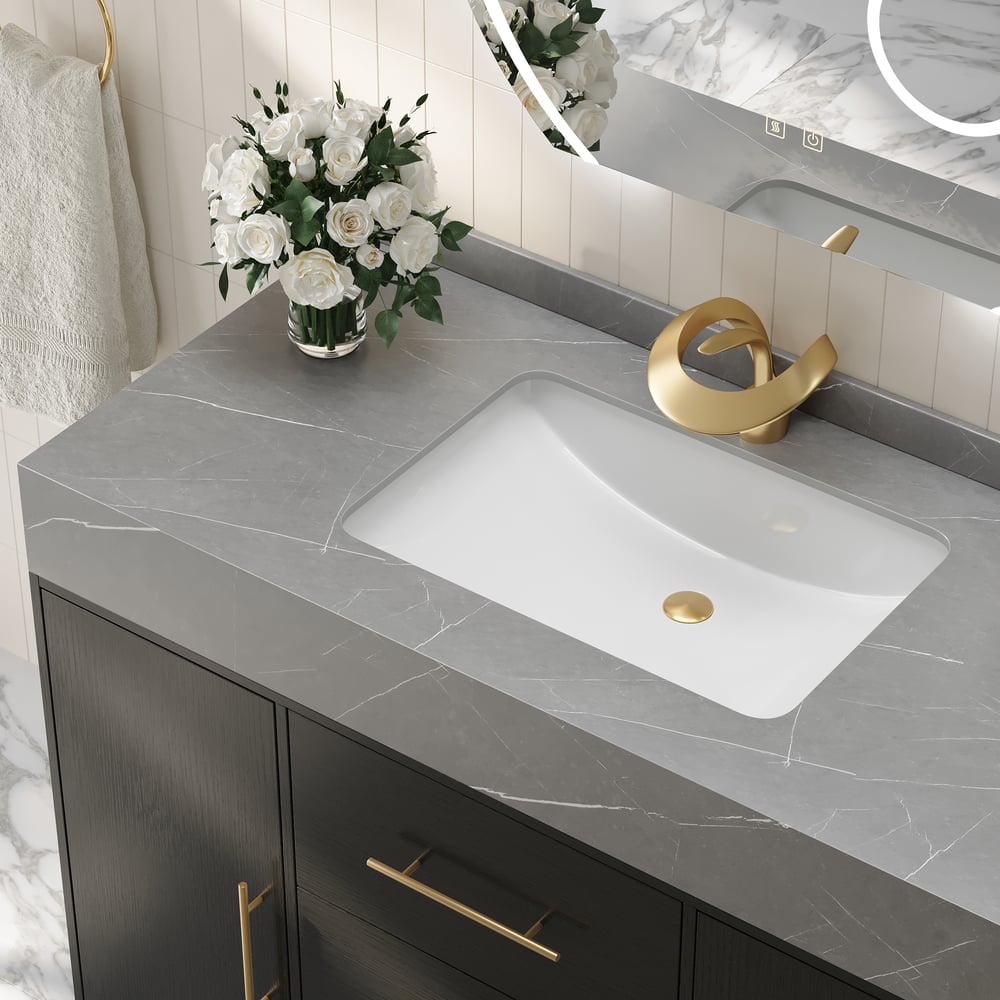 1000mm Freestanding Black Bathroom Vanity, Sintered Stone Countertop & Gold Handles window image