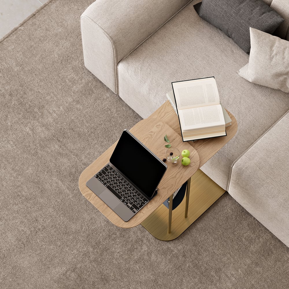 Table d'appoint rotative naturelle et dorée en forme de C avec rangement image de fenêtre